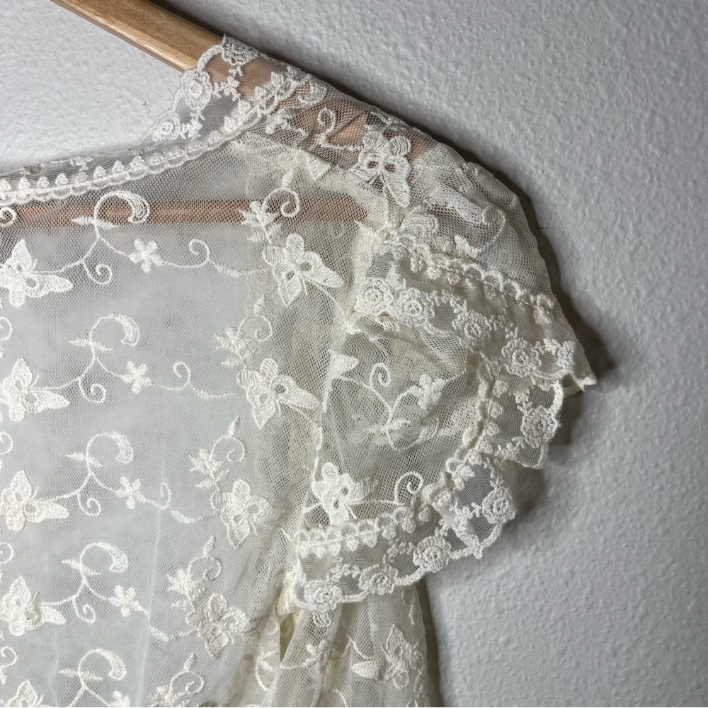 Y2K Vintage Ultra Pink Sheer Butterfly Floral Lace Short Sleeve Cardigan Top - Picture 7 of 8